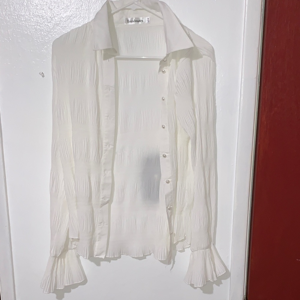 Textured Pleated Button-Down Blouse in Ivory